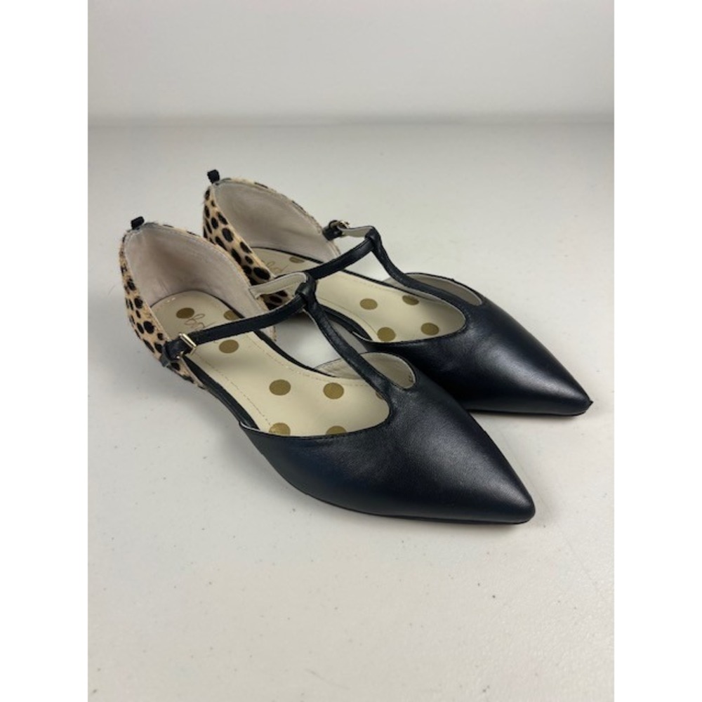 Boden Black Leather Leopard Calf Hair Pointed Toe T-Strap Flats Womens 37.5